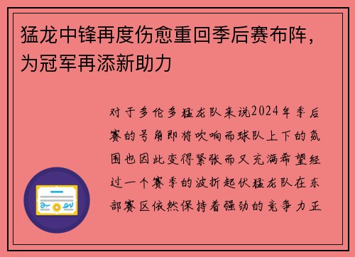 猛龙中锋再度伤愈重回季后赛布阵，为冠军再添新助力